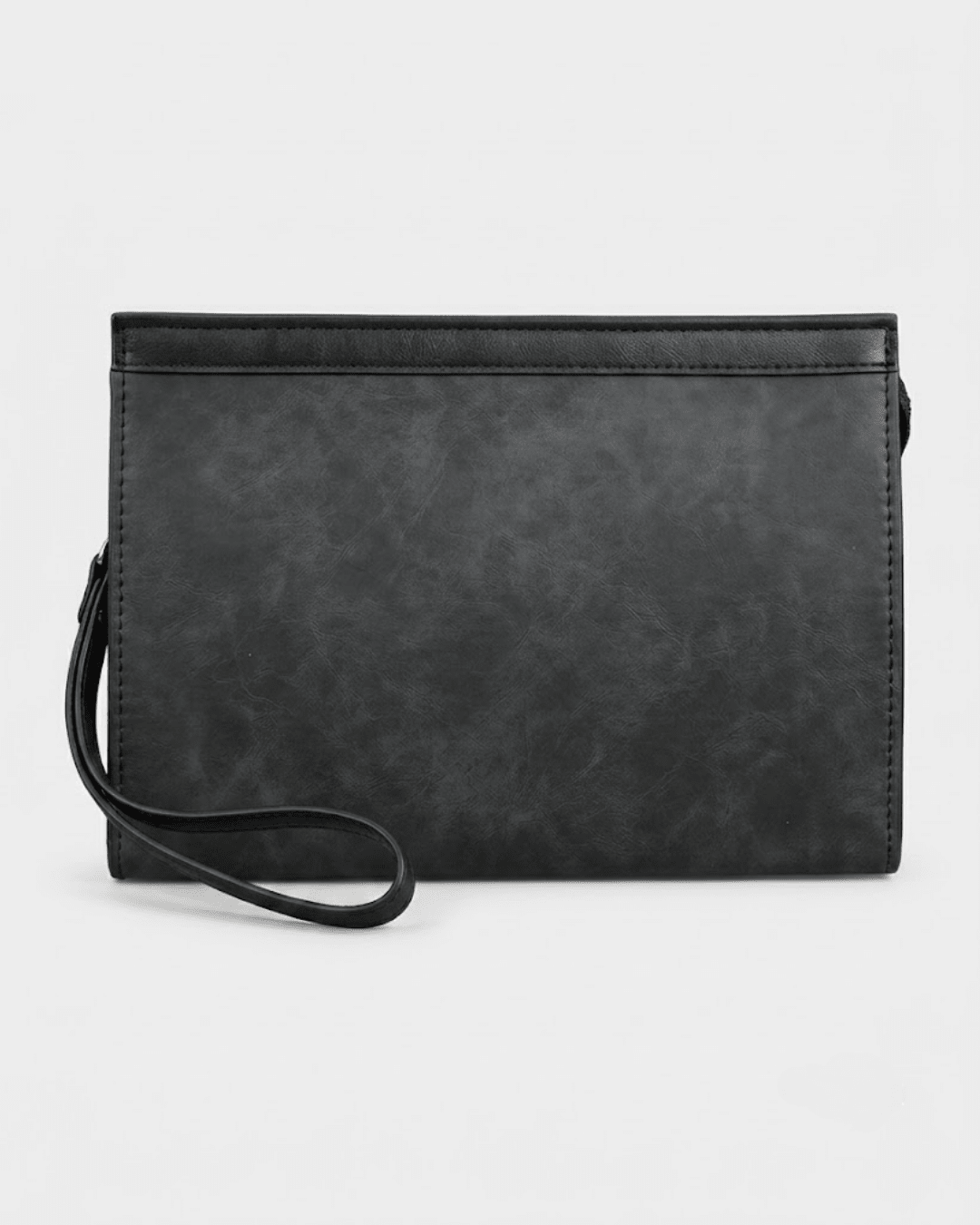 Rectangular black travel pouch with a wrist strap and visible stitching, on a light background. Image